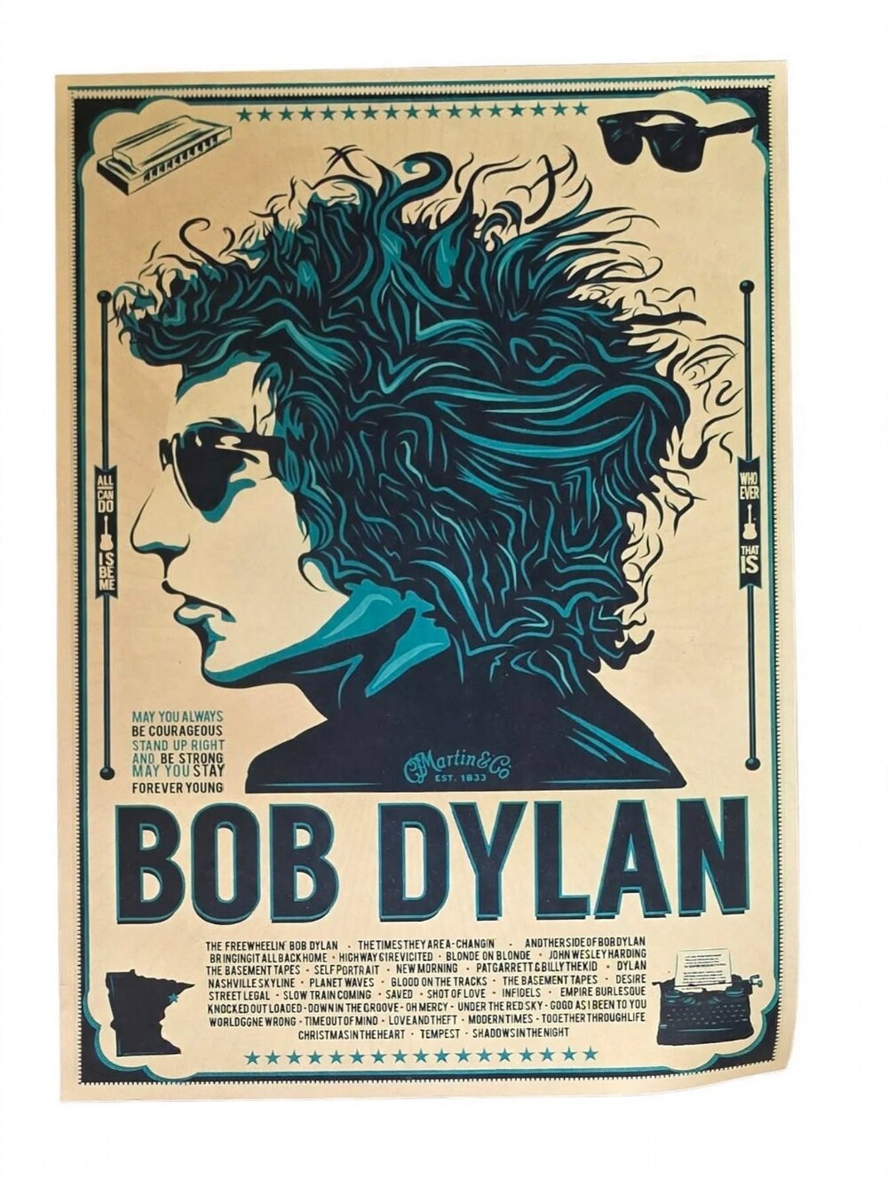 Bob Dylan Wall Art Poster - Teal and Black